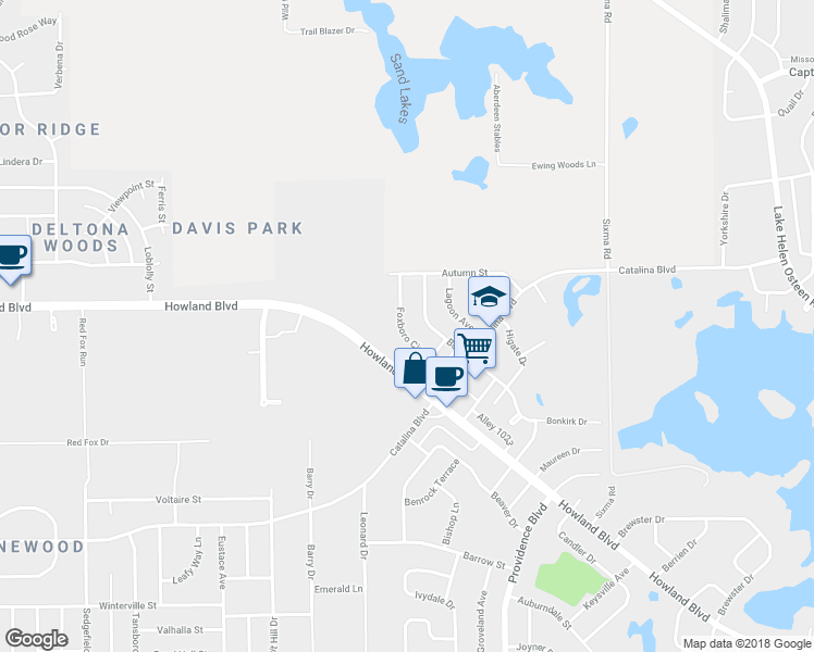 map of restaurants, bars, coffee shops, grocery stores, and more near 3006 Foxboro Circle in Deltona