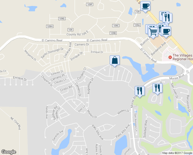 map of restaurants, bars, coffee shops, grocery stores, and more near 1828 Augustine Drive in The Villages
