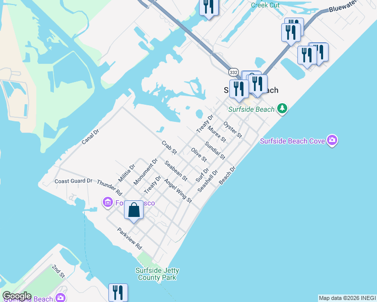 map of restaurants, bars, coffee shops, grocery stores, and more near 418 Crab Street in Freeport