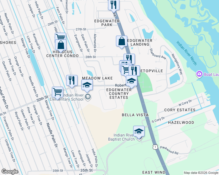 map of restaurants, bars, coffee shops, grocery stores, and more near 102 San Remo Drive in Edgewater