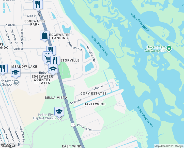 map of restaurants, bars, coffee shops, grocery stores, and more near 818 Navigators Way in Edgewater