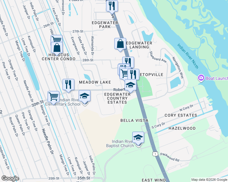 map of restaurants, bars, coffee shops, grocery stores, and more near 102 San Remo Drive in Edgewater