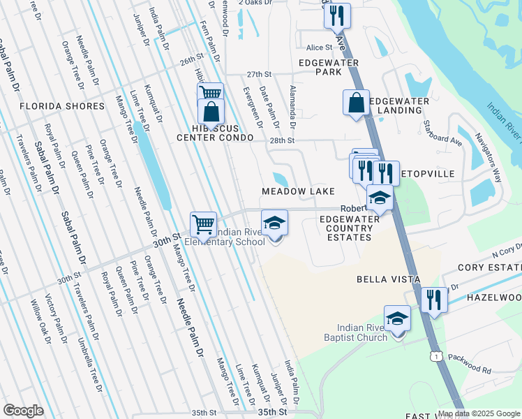 map of restaurants, bars, coffee shops, grocery stores, and more near 650 Roberts Road in Edgewater