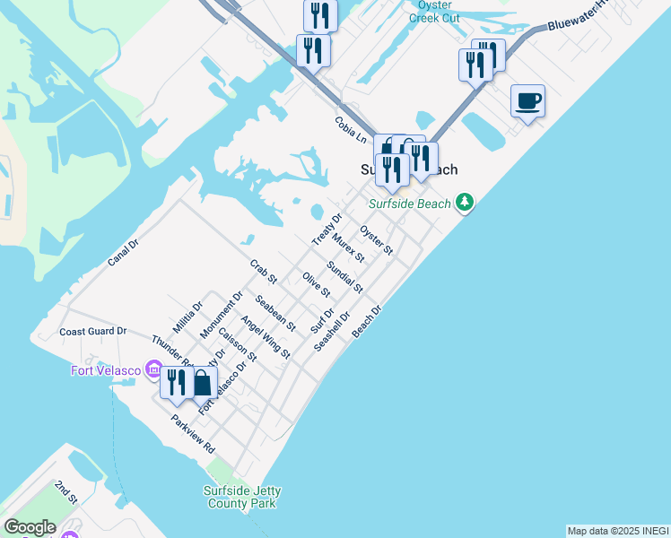 map of restaurants, bars, coffee shops, grocery stores, and more near 502 Surf Drive in Freeport