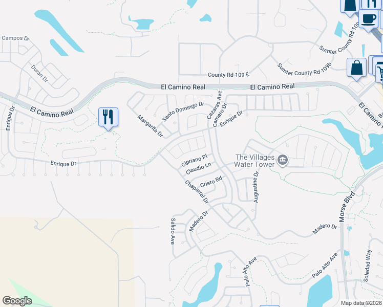 map of restaurants, bars, coffee shops, grocery stores, and more near 2012 Cipriano Place in The Villages