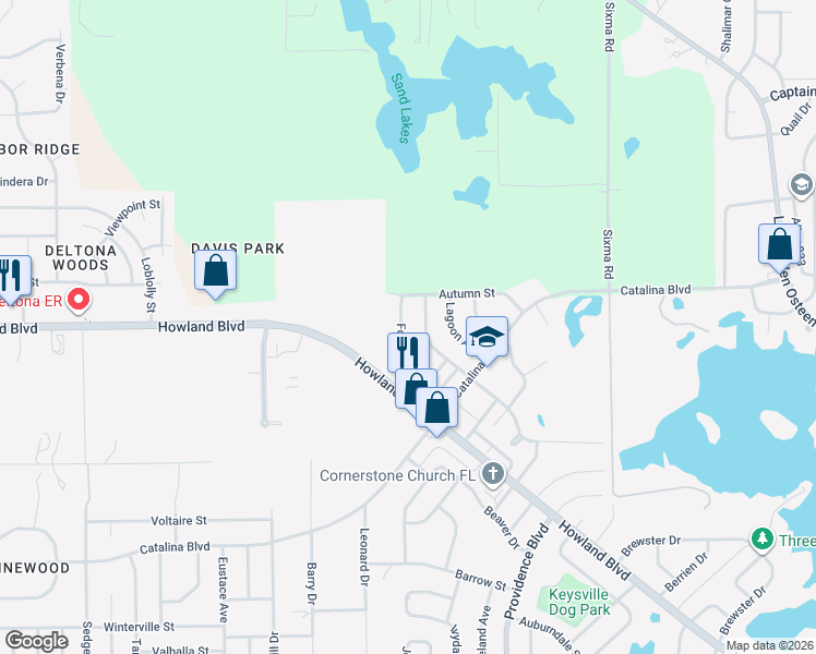 map of restaurants, bars, coffee shops, grocery stores, and more near 3024 Foxboro Circle in Deltona
