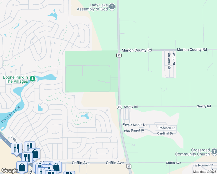 map of restaurants, bars, coffee shops, grocery stores, and more near 512 Dowling Circle in Lady Lake