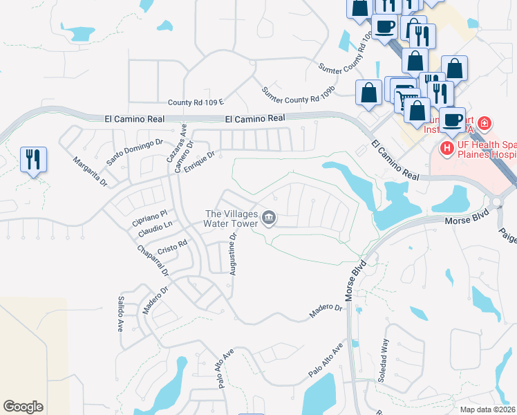 map of restaurants, bars, coffee shops, grocery stores, and more near 1828 Augustine Drive in The Villages