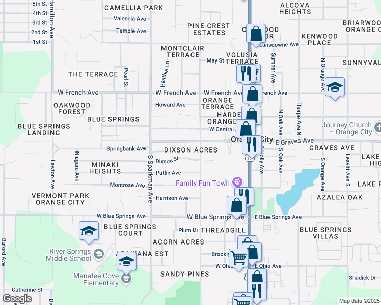 map of restaurants, bars, coffee shops, grocery stores, and more near 484 West Graves Avenue in Orange City