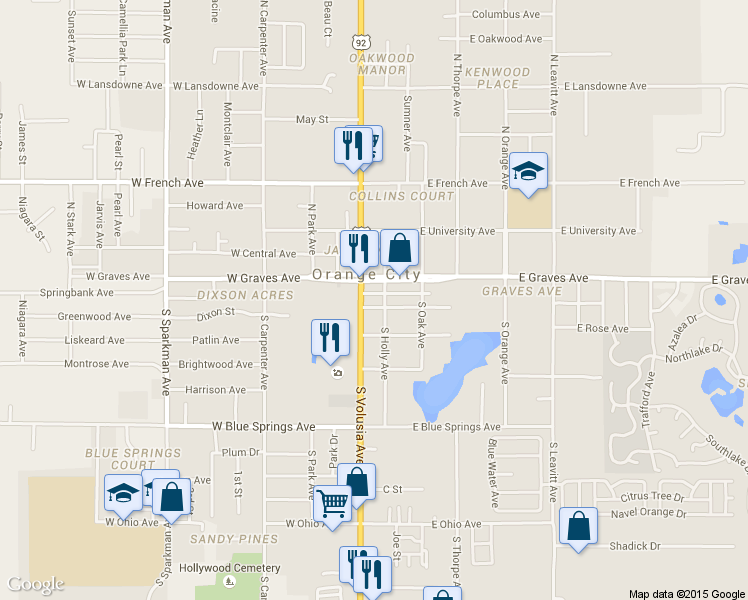 map of restaurants, bars, coffee shops, grocery stores, and more near 148 South Volusia Avenue in Orange City