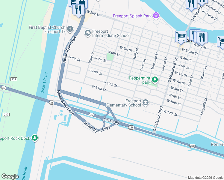 map of restaurants, bars, coffee shops, grocery stores, and more near 1615 West 10th Street in Freeport