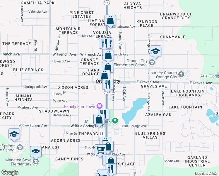 map of restaurants, bars, coffee shops, grocery stores, and more near 148 South Volusia Avenue in Orange City