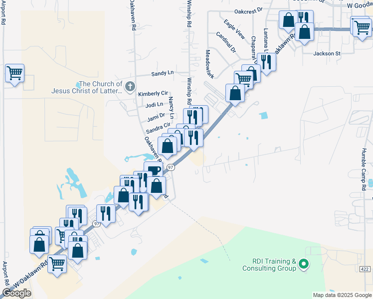 map of restaurants, bars, coffee shops, grocery stores, and more near 1402 West Oaklawn Road in Pleasanton