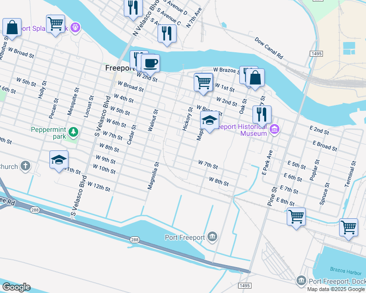 map of restaurants, bars, coffee shops, grocery stores, and more near 518 West 6th Street in Freeport