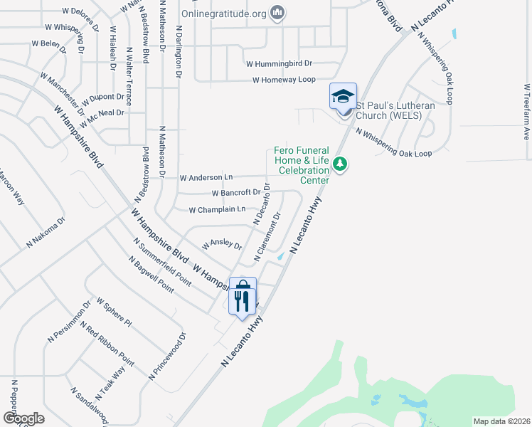map of restaurants, bars, coffee shops, grocery stores, and more near 5850 North Claremont Drive in Citrus Springs
