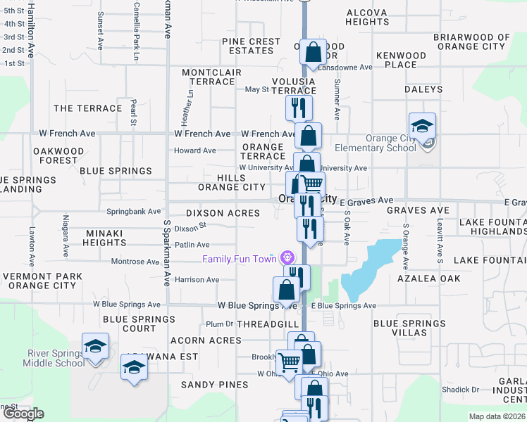 map of restaurants, bars, coffee shops, grocery stores, and more near 330 West Graves Avenue in Orange City