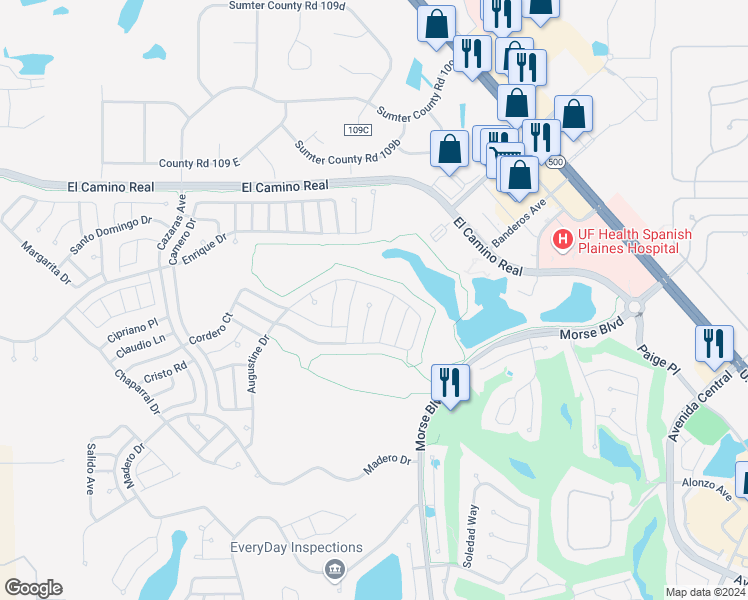 map of restaurants, bars, coffee shops, grocery stores, and more near 1343 Augustine Drive in The Villages
