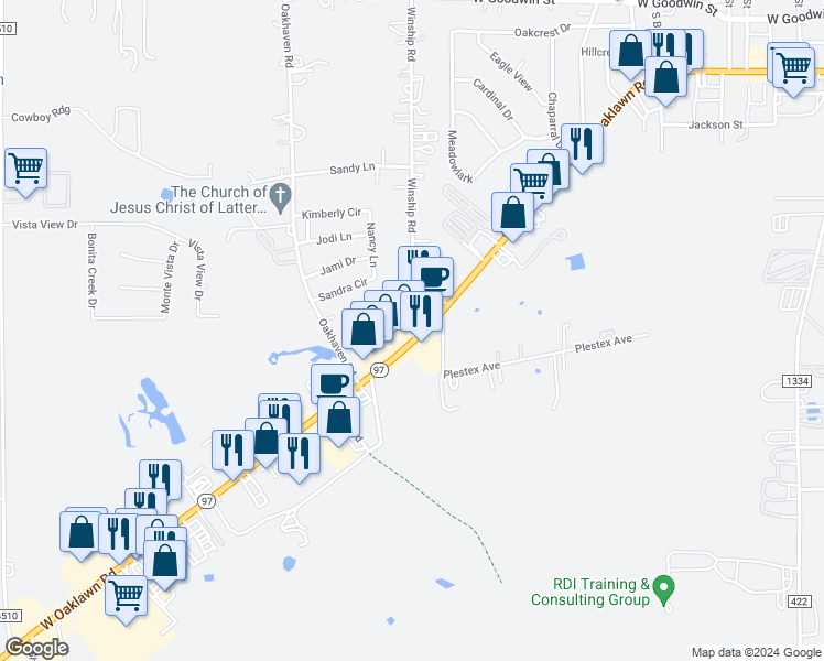 map of restaurants, bars, coffee shops, grocery stores, and more near 1402 West Oaklawn Road in Pleasanton