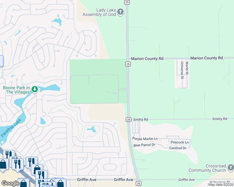 map of restaurants, bars, coffee shops, grocery stores, and more near 512 Dowling Circle in Lady Lake
