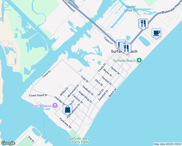 map of restaurants, bars, coffee shops, grocery stores, and more near 518 Olive Street in Freeport