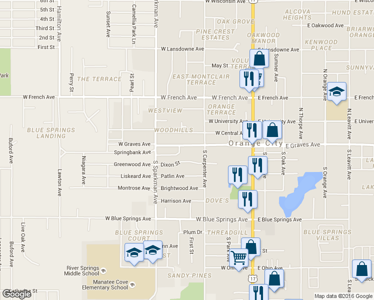 map of restaurants, bars, coffee shops, grocery stores, and more near 484 West Graves Avenue in Orange City