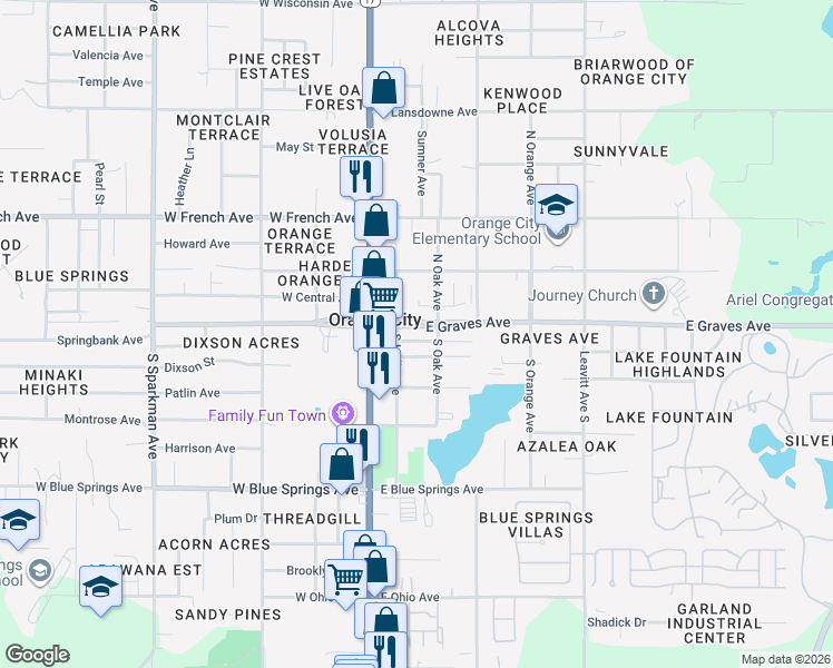 map of restaurants, bars, coffee shops, grocery stores, and more near 242 East Graves Avenue in Orange City