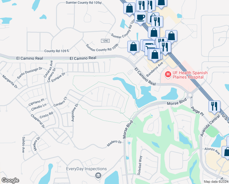 map of restaurants, bars, coffee shops, grocery stores, and more near 1343 Augustine Drive in The Villages