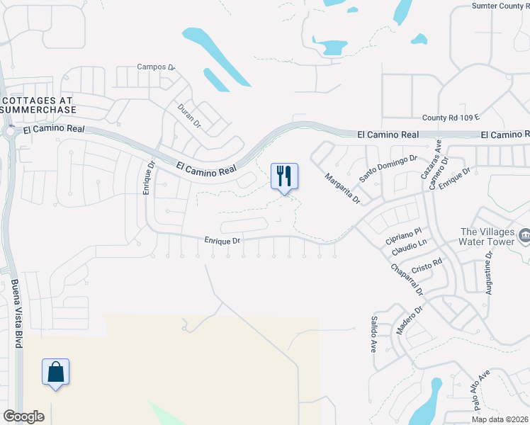 map of restaurants, bars, coffee shops, grocery stores, and more near 2425 Merida Circle in The Villages