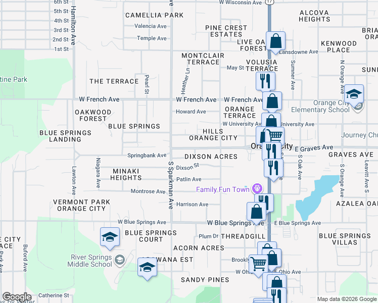 map of restaurants, bars, coffee shops, grocery stores, and more near 610 West Graves Avenue in Orange City