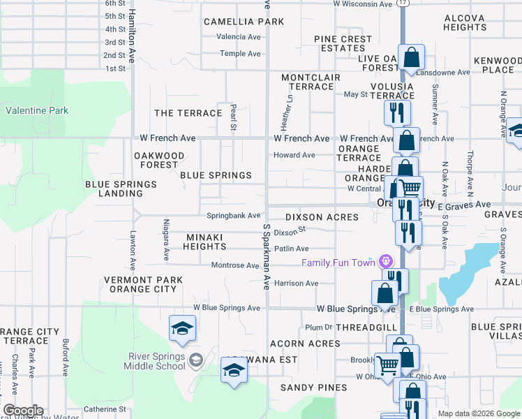 map of restaurants, bars, coffee shops, grocery stores, and more near 701 Springbank Avenue in Orange City