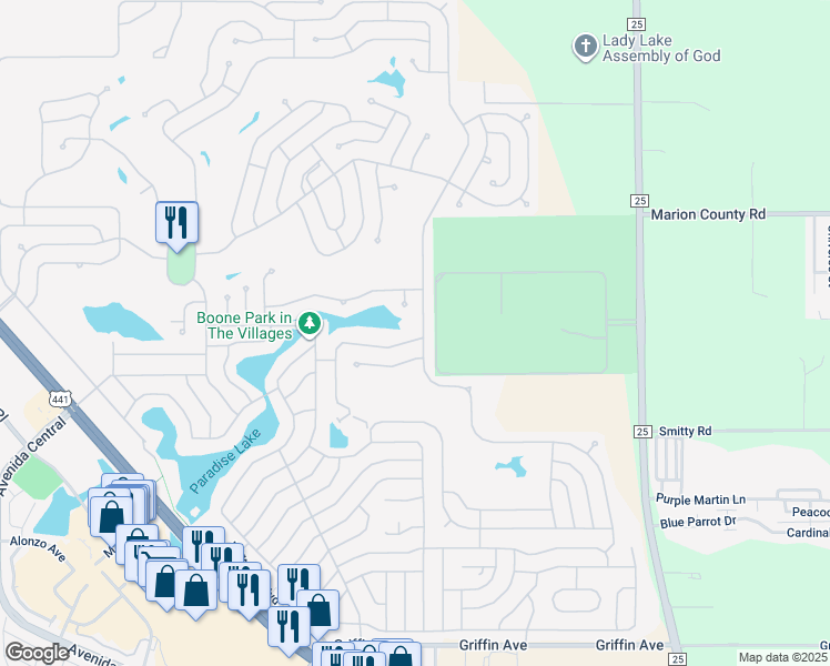 map of restaurants, bars, coffee shops, grocery stores, and more near 701 Turnberry Lane in Lady Lake