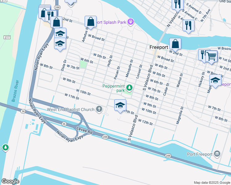 map of restaurants, bars, coffee shops, grocery stores, and more near 1328 West 9th Street in Freeport