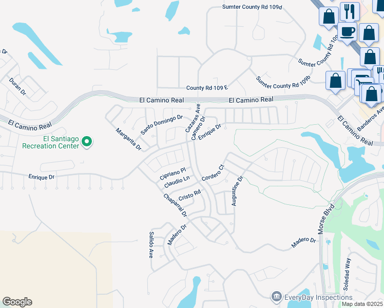 map of restaurants, bars, coffee shops, grocery stores, and more near 1253 Camero Drive in The Villages