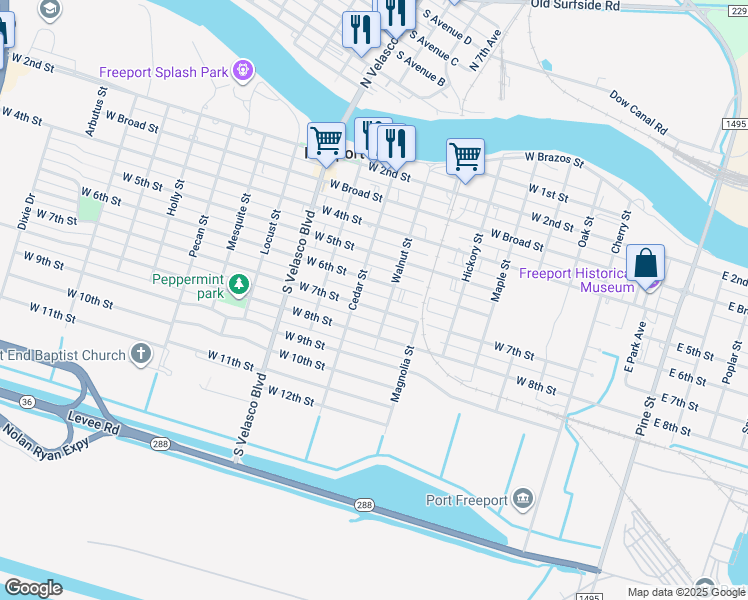 map of restaurants, bars, coffee shops, grocery stores, and more near 814 W 7th St in Freeport