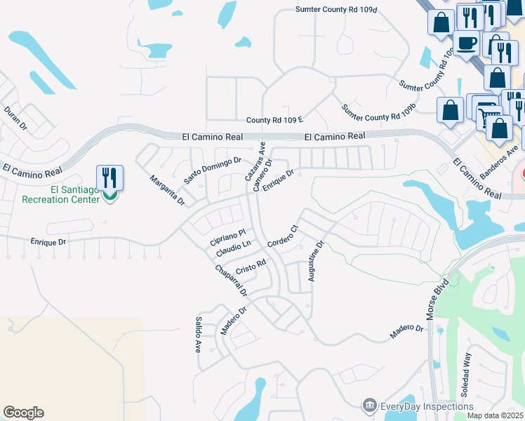 map of restaurants, bars, coffee shops, grocery stores, and more near 1253 Camero Drive in The Villages