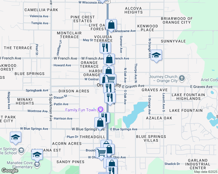 map of restaurants, bars, coffee shops, grocery stores, and more near 120 East Graves Avenue in Orange City