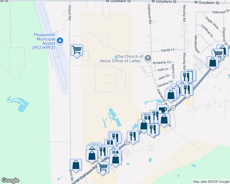 map of restaurants, bars, coffee shops, grocery stores, and more near 1701 Crooked Creek Drive in Pleasanton