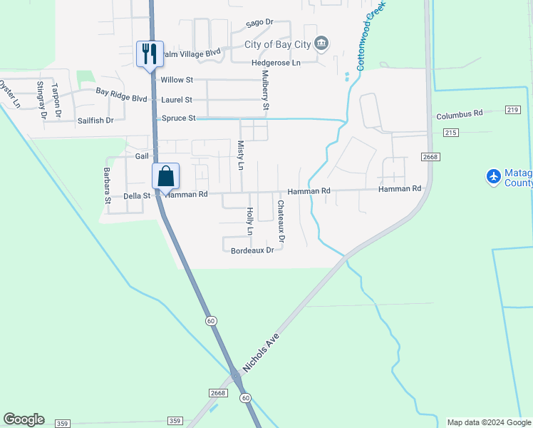 map of restaurants, bars, coffee shops, grocery stores, and more near 2300 Hamman Road in Bay City