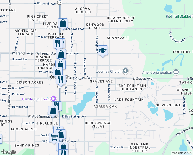 map of restaurants, bars, coffee shops, grocery stores, and more near 85 North Orange Avenue in Orange City