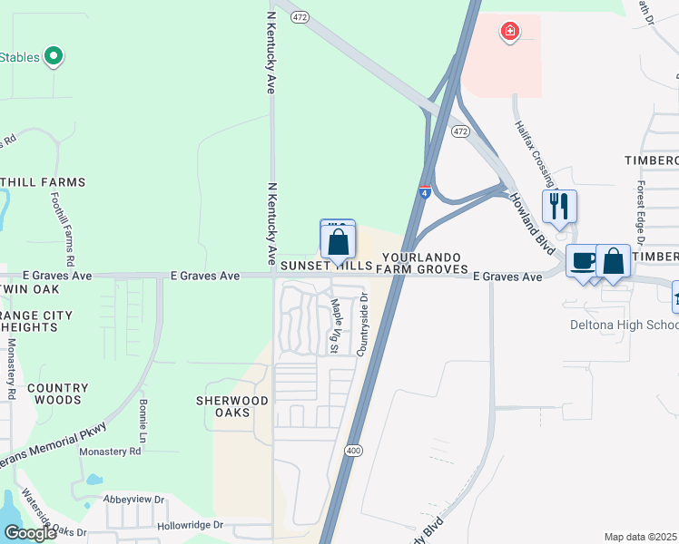 map of restaurants, bars, coffee shops, grocery stores, and more near 2411 East Graves Avenue in Orange City