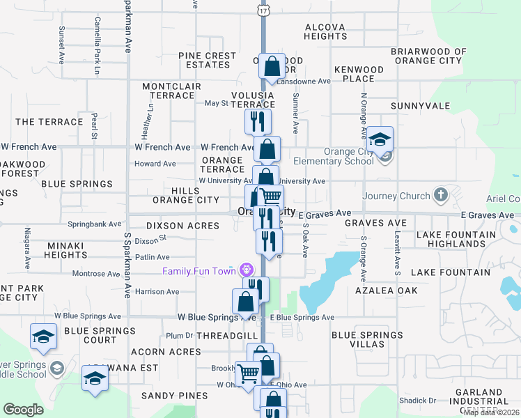 map of restaurants, bars, coffee shops, grocery stores, and more near 103 West Graves Avenue in Orange City