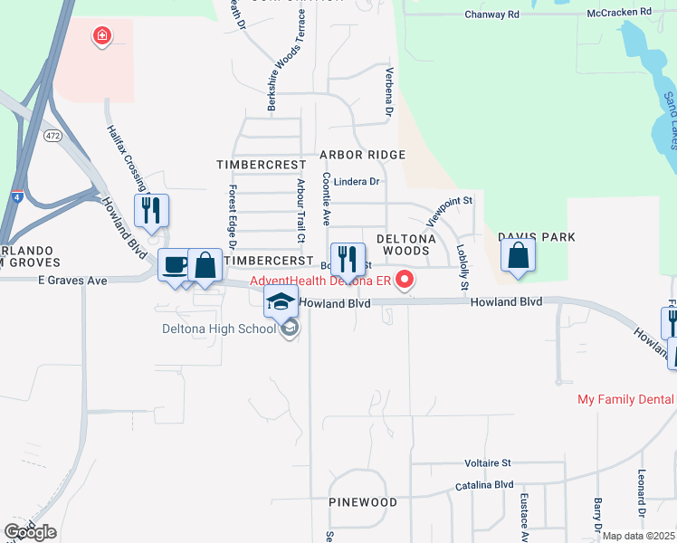 map of restaurants, bars, coffee shops, grocery stores, and more near 3147 Boxelder Street in Deltona