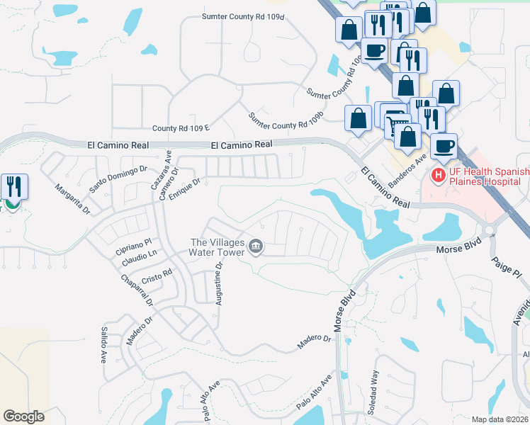 map of restaurants, bars, coffee shops, grocery stores, and more near 1805 Fonseca Way in The Villages