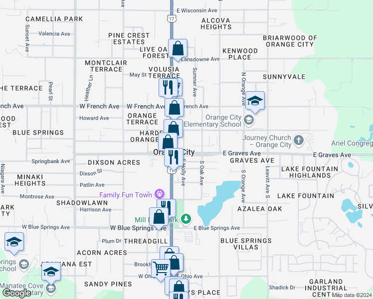 map of restaurants, bars, coffee shops, grocery stores, and more near 205 East Graves Avenue in Orange City