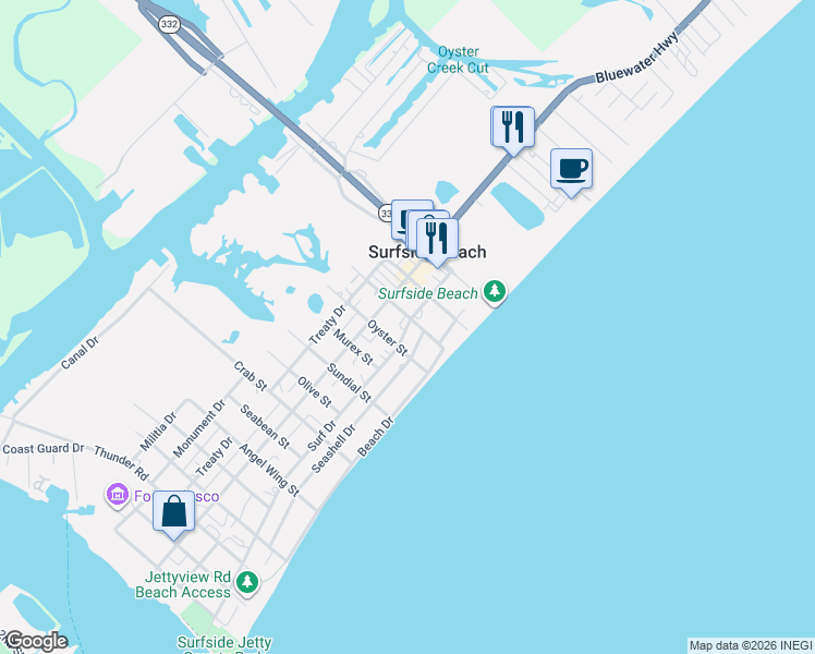 map of restaurants, bars, coffee shops, grocery stores, and more near 301 Oyster Street in Freeport