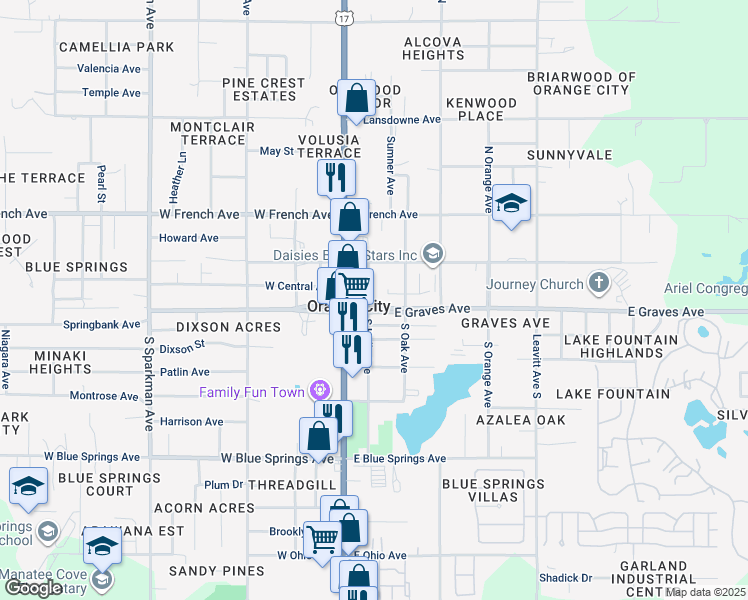 map of restaurants, bars, coffee shops, grocery stores, and more near 205 East Graves Avenue in Orange City