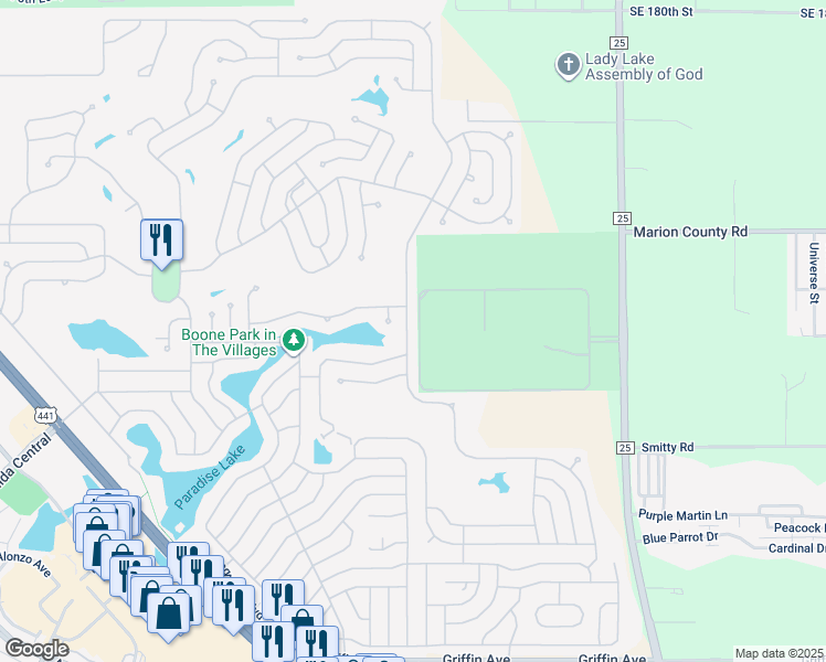 map of restaurants, bars, coffee shops, grocery stores, and more near 701 Turnberry Lane in Lady Lake