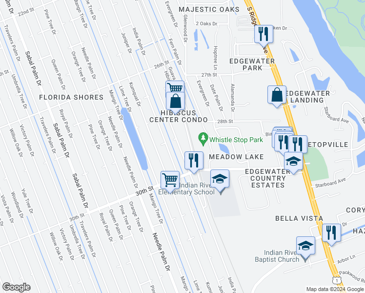 map of restaurants, bars, coffee shops, grocery stores, and more near 2913 India Palm Drive in Edgewater