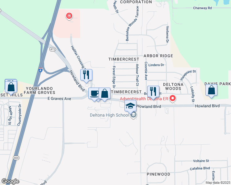 map of restaurants, bars, coffee shops, grocery stores, and more near 3248 Boxelder Street in Deltona
