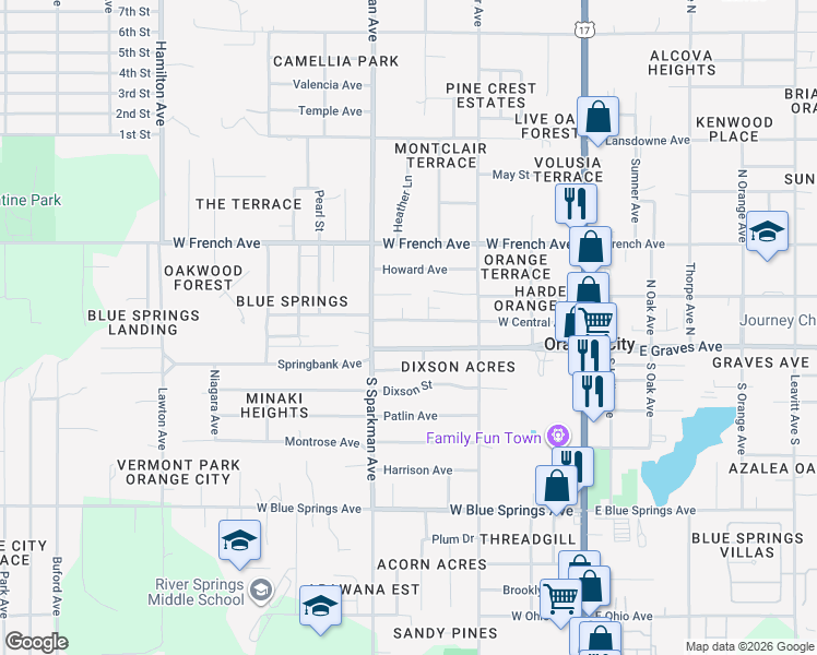 map of restaurants, bars, coffee shops, grocery stores, and more near 203 Woodhills Court in Orange City